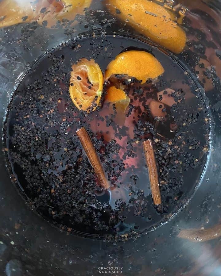 elderberries, cinnamon, water, cloves, ginger, and orange  inside of the instant pot