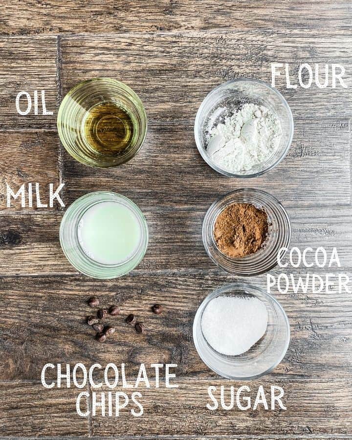 All ingredients needed for vegan mug brownie. Oil, flour, milk, cocoa, sugar, and chocolate chips