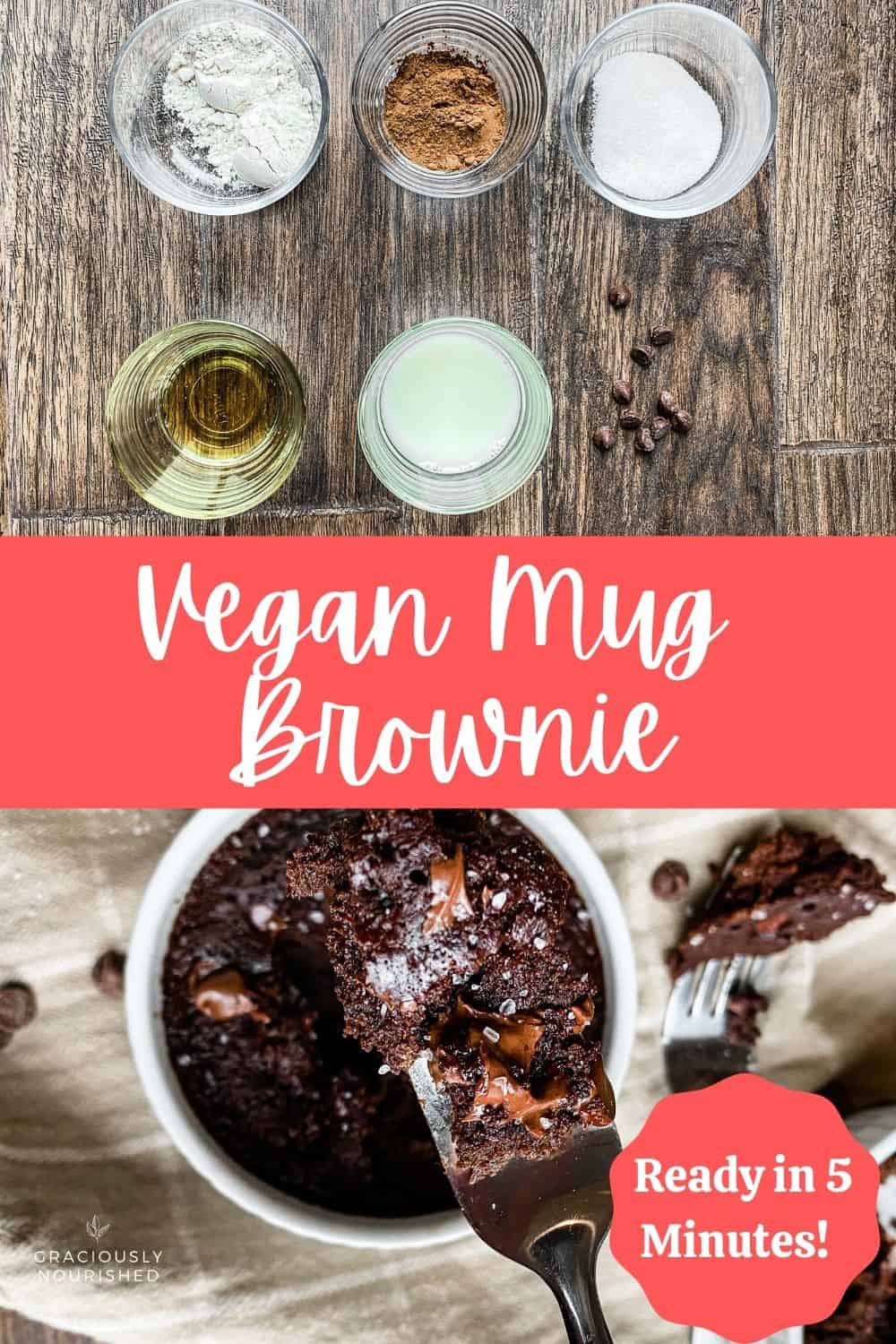 Ingredients on top and top down view of brownie on bottom | Vegan Mug Brownie | Ready in 5 minutes!