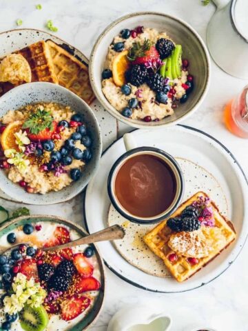 breakfast spread on a white table.