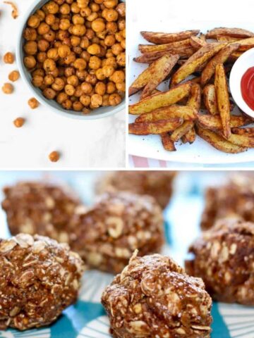 Three images of snacks. Roasted chickpeas, fries, and cookies