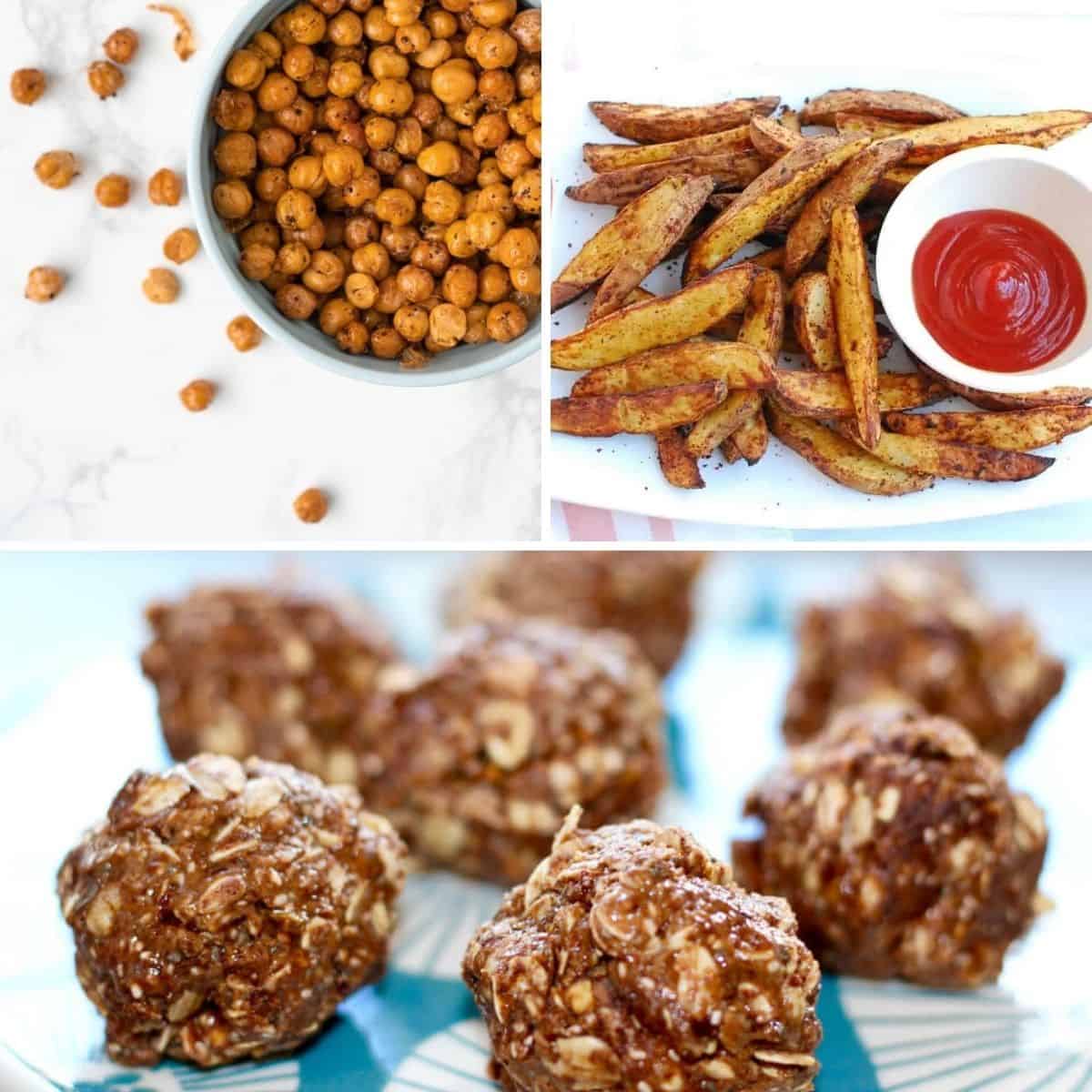 three images of plant based snacks: roasted chickpeas, fries, and energy balls. 