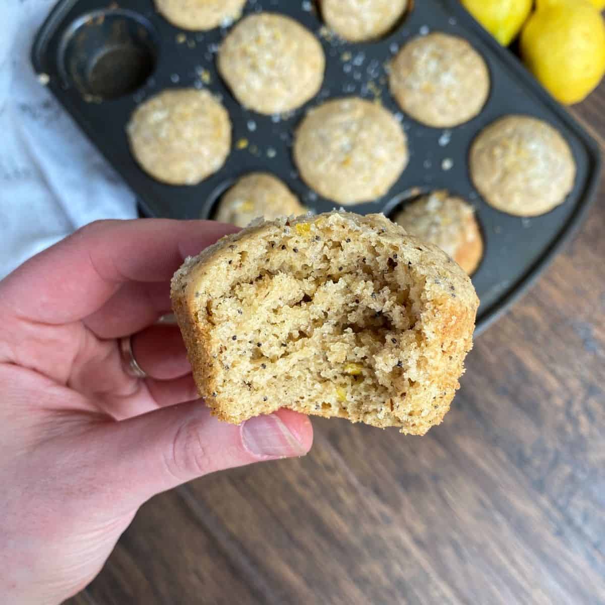 Lemon poppy seed muffin with a bite taken out of it. Pan of muffins in the background