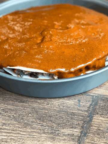 Simple Vegan Enchilada Sauce on the top of enchilada casserole