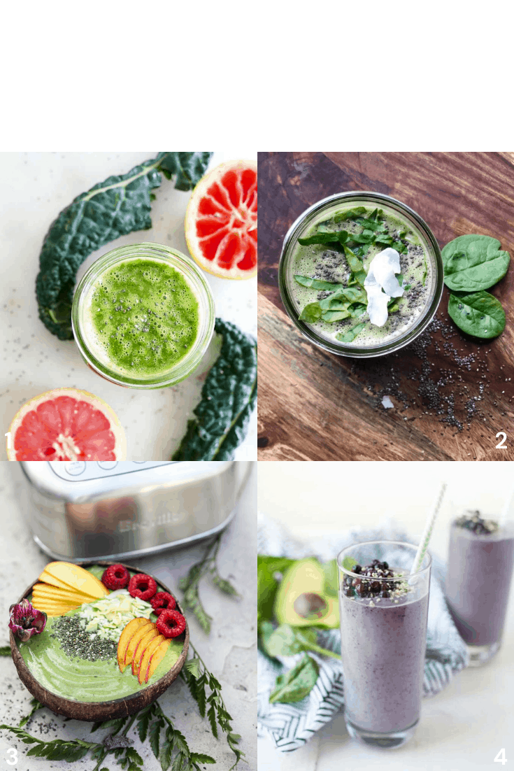 4 Smoothies to Lower Cholesterol: greren grapefruit, green smoothie with chia and peach, matcha chia, vegan energy boosting smoothie. 