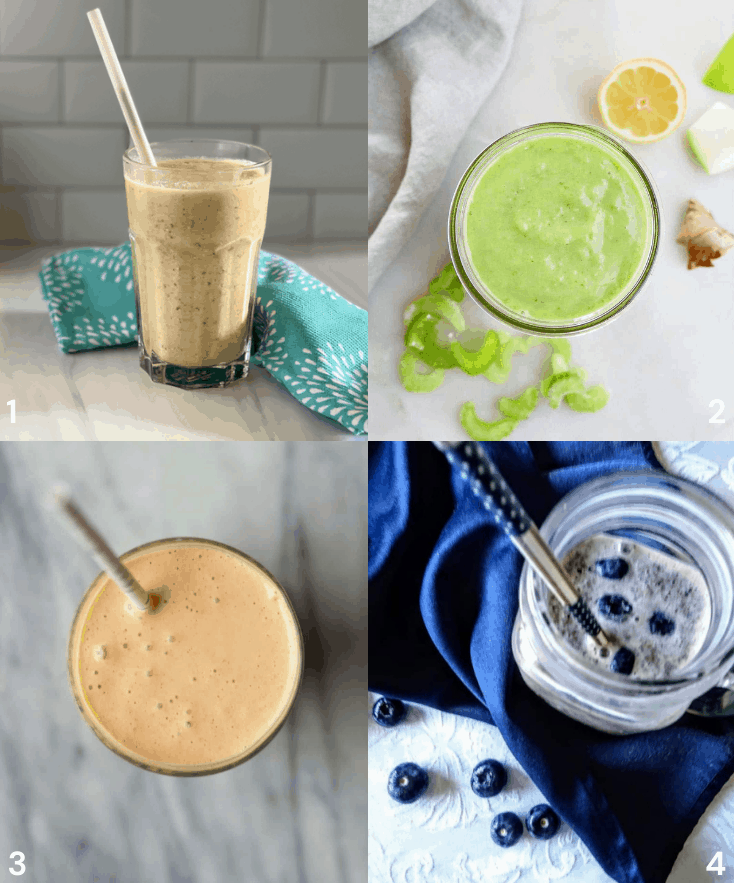 Collage of 4 cholesterol lowering smoothies: mango oat, celery with apples and bananas, morning glory, and blueberry with almond butter