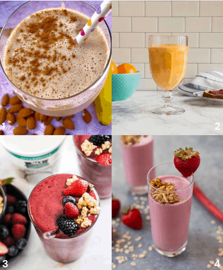 Collage of 4 of the cholesterol  lowering smoothies: banana nut,orange mango, berry coocnut, rhubard pie