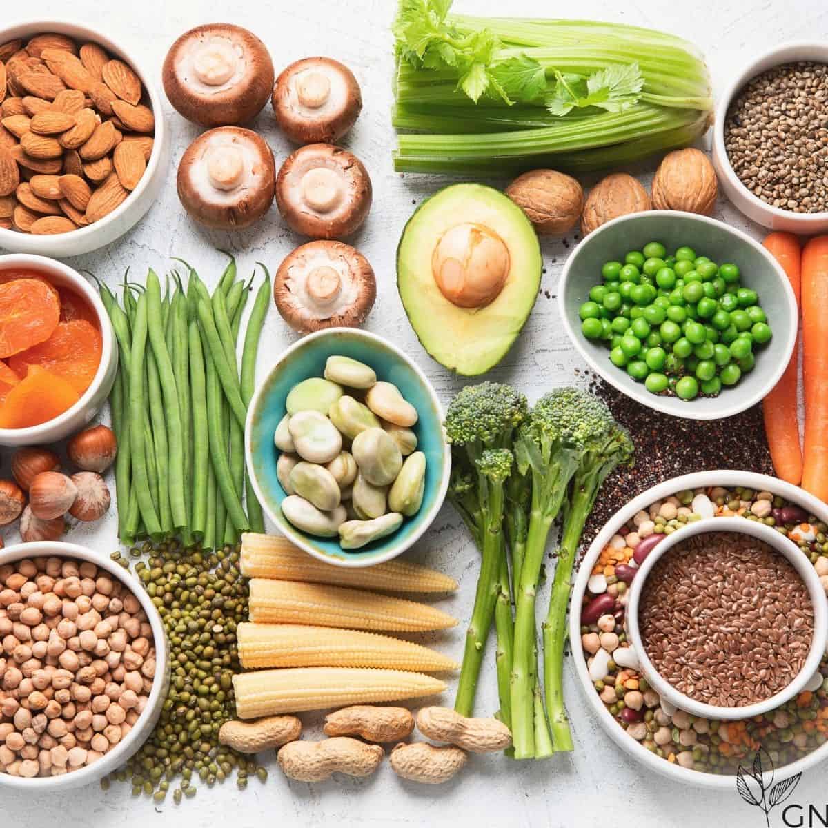 plant based foods: fruiits, vegetables, beans, seeds, nuts, mushrooms