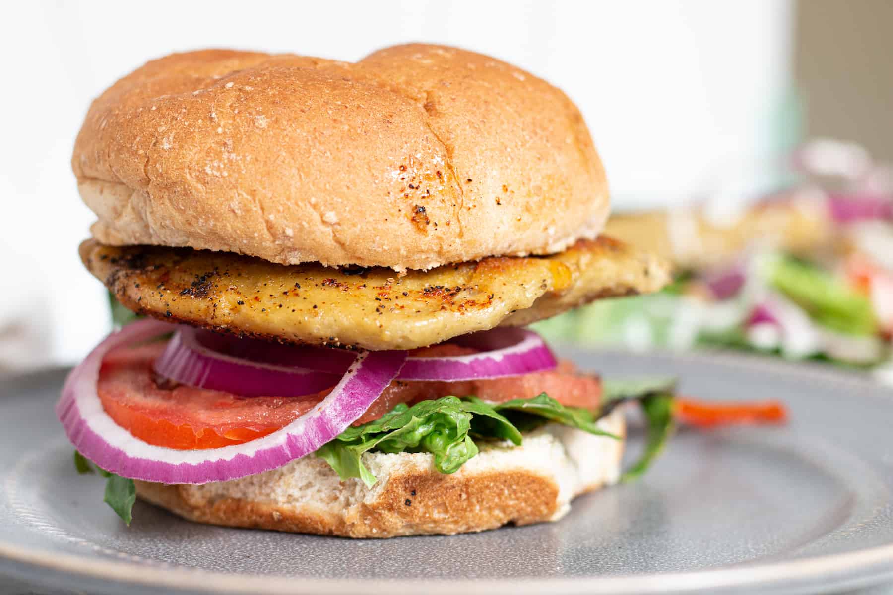 vegan chicken  patty in a sandwich with red onions, tomato and lettuce. 
