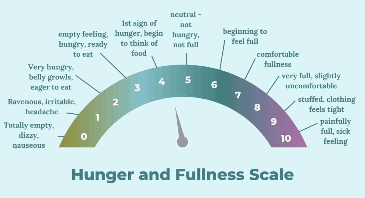 A gauge of the  intuitive eating hunger scale from 0 to 10. Scale contents included in copy below. 