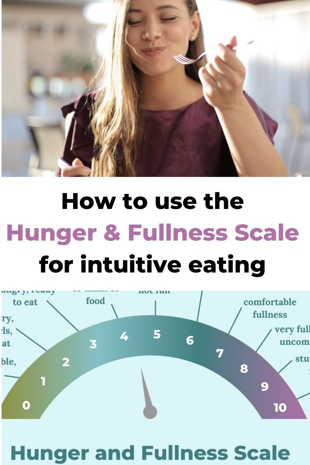 How to use the hunger and fullness scale for intuitive eating| top picture is woman eating ice and smiling\ bottom picture is the hunger scale. 