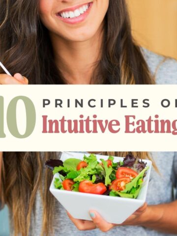 A girl eating a healthy salad from a bowl. 10 principles of intuitive eating.