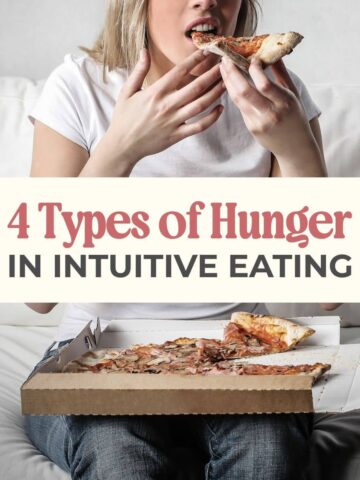 A woman eating a pizza and a text saying "4 types of hunger in intuitive eating"