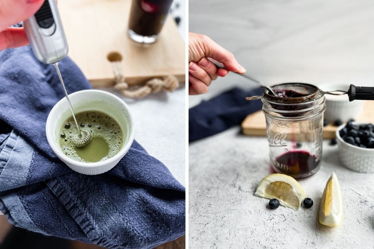 left image: frothing matcha poweder and water together in a small white ceramic dish, sitting on a blue napkin with a cutting board in the background. right image: straining the blueberries through a small mesh strainer into a mason jar. lemon wedges and blueberries in the background. 