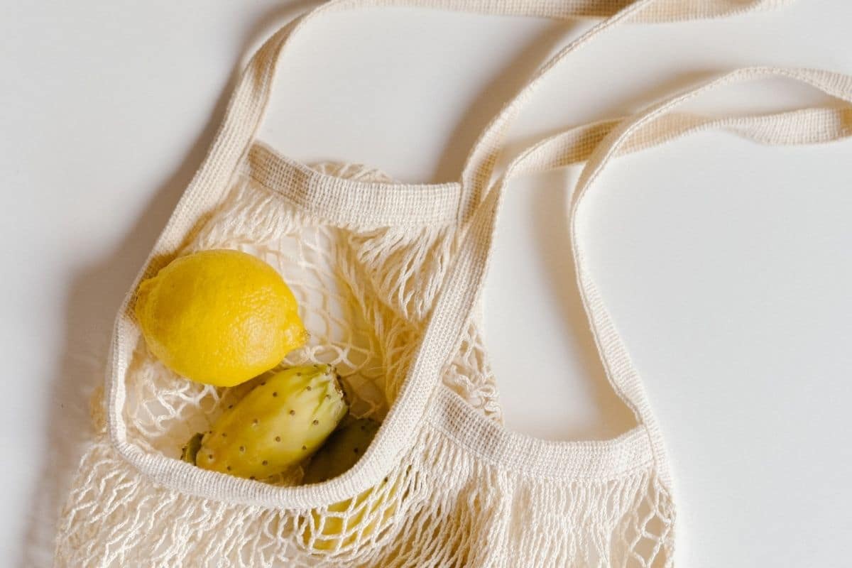 reusable net shopping bag with a lemon against a white background. 