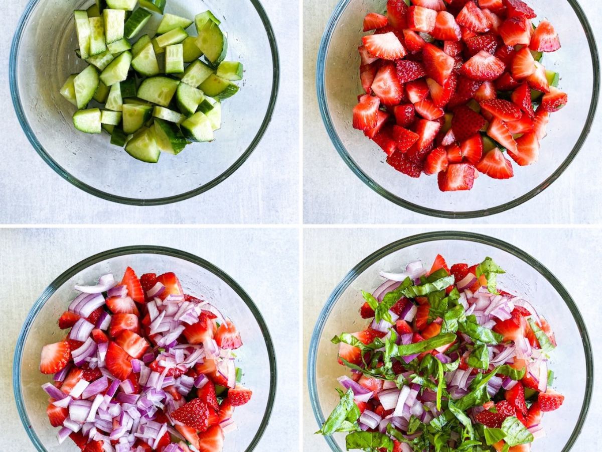 A collage of the steps to make cucumber strawberry salad. 