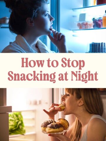 Top image: a woman looking into the fridge at night. Bottom image: the same woman eating a snack in the middle of the night. Center text reads 'How to stop snacking at night.