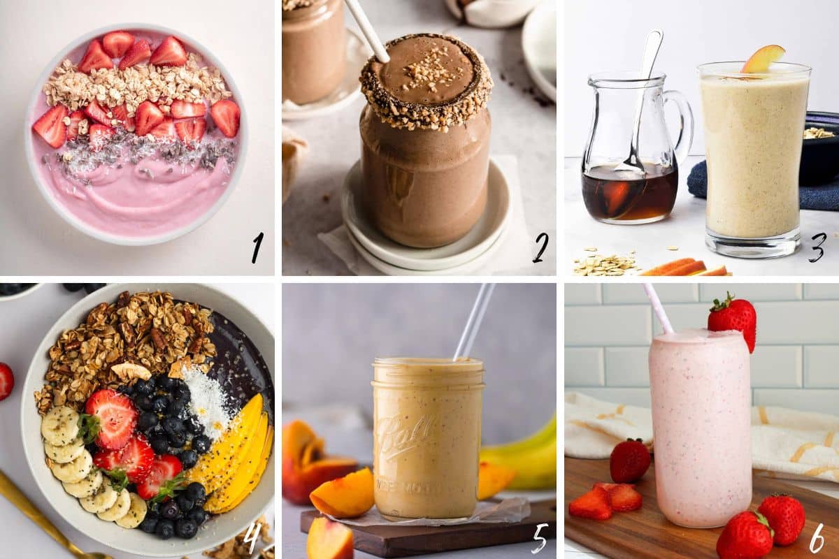Collage of the 6 high protein breakfast smoothies listed below image. 