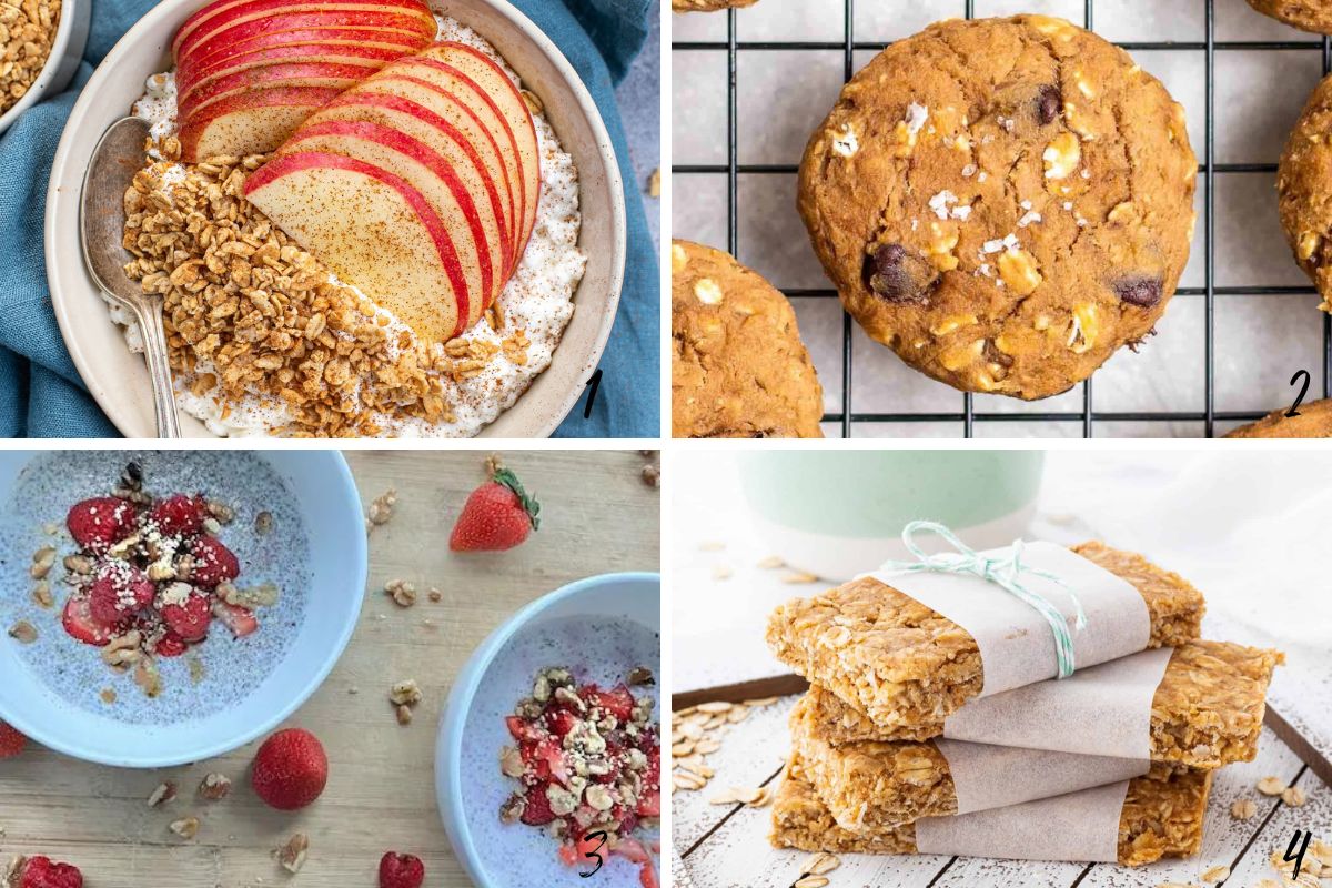 Collage of 4 sweet high protein breakfast recipes listed below image. 