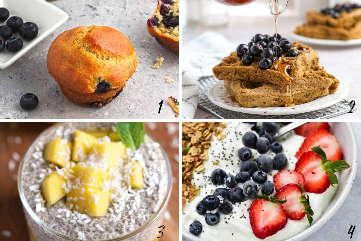 Collage of the 4 sweet high protein breakfast recipes listed below image. 