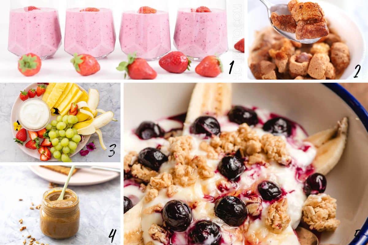 Collage of the sweet high protein breakfast recipes without eggs listed below image. 
