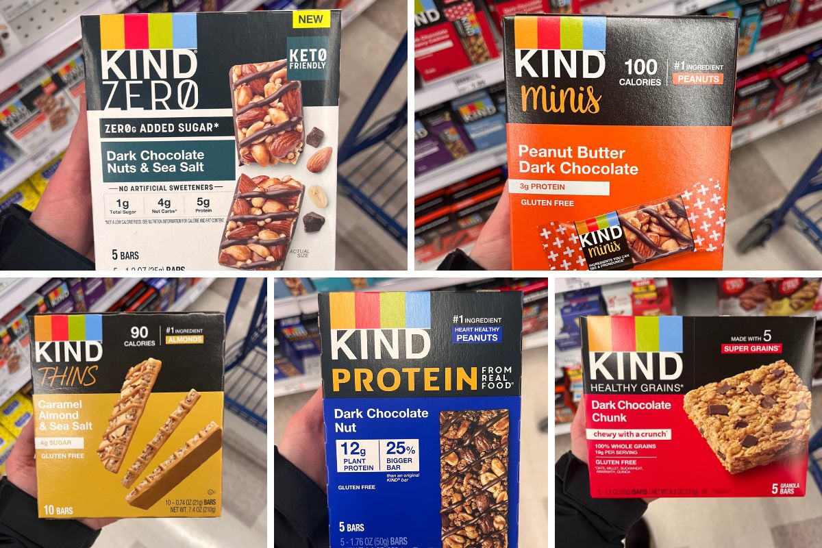 Various KIND bars including: Zero Sugar, Minis, Thins, Protein, and Breakfast bars