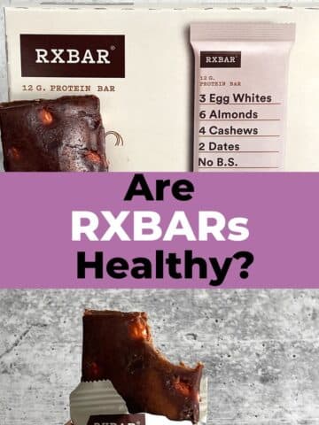 Are RX Bars healthy? Image of box of bars at the top with a coconut chocolate bar out of the package on the bottom half of the picture.