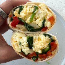 high protein breakfast burrito cut in half