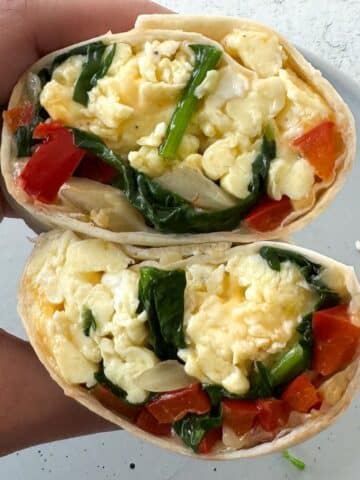 high protein breakfast burrito cut in half