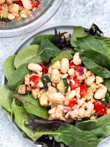 White Bean and Tuna Salad beautifully plated on a white dish.