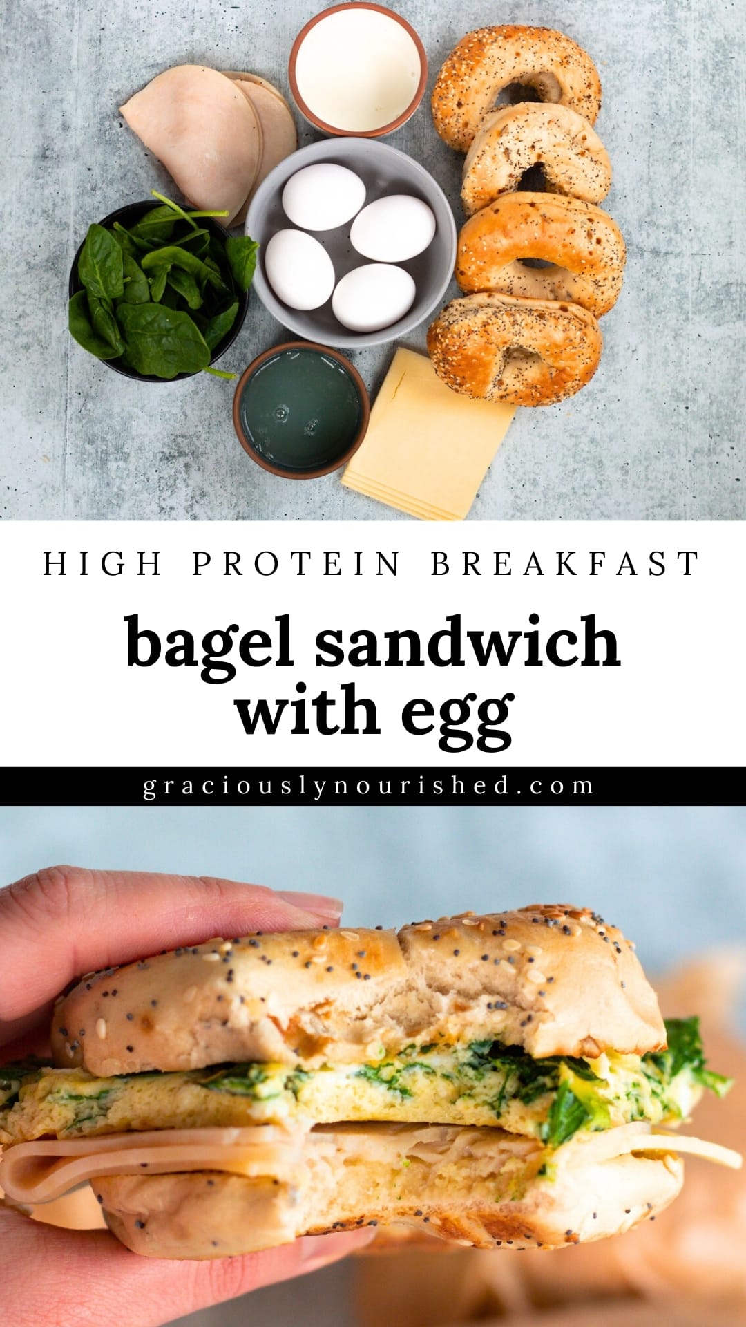 Healthy breakfast bagel sandwich with eggs, spinach, turkey, and melty cheese perfect for meal prep.