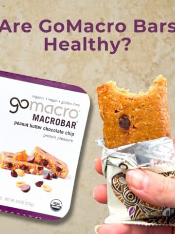 A box of vegan and gluten-free protein bar and a peanut butter chocolate chip Gomacro bar. Are Gomacro bars healthy?