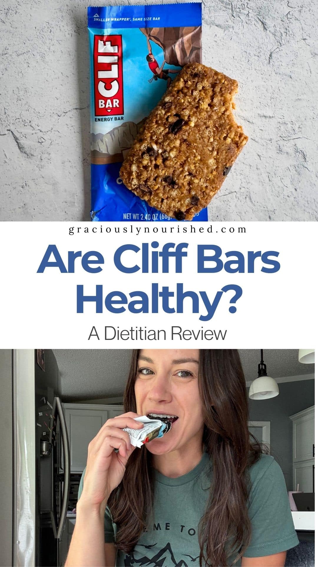 Two-part image showing a Clif Bar on its wrapper at the top and a dietitian tasting the bar at the bottom, with text in the center that reads are clif bars healthy?