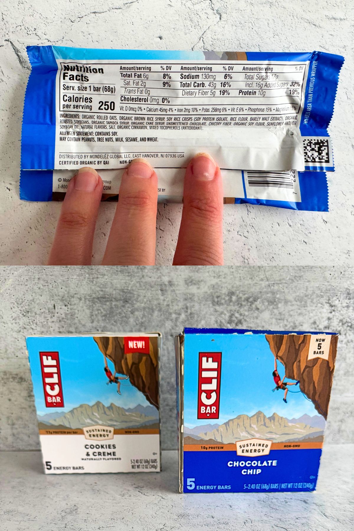 Two-part image with the top showing the nutrition facts on the back of a Clif Bar and the bottom showing 2 boxes of Clif Bars.