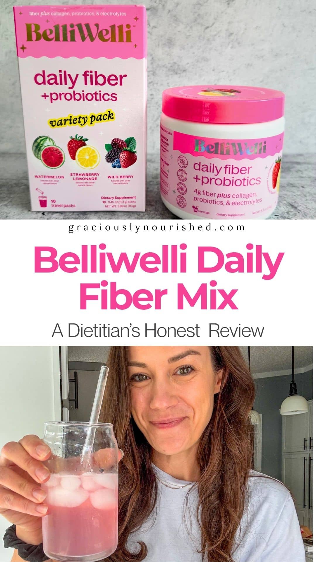 Top image shows Belliwelli Strawberry Lemonade Daily Fiber Supplement box and powder container, bottom image shows a woman trying the strawberry lemonade drink.