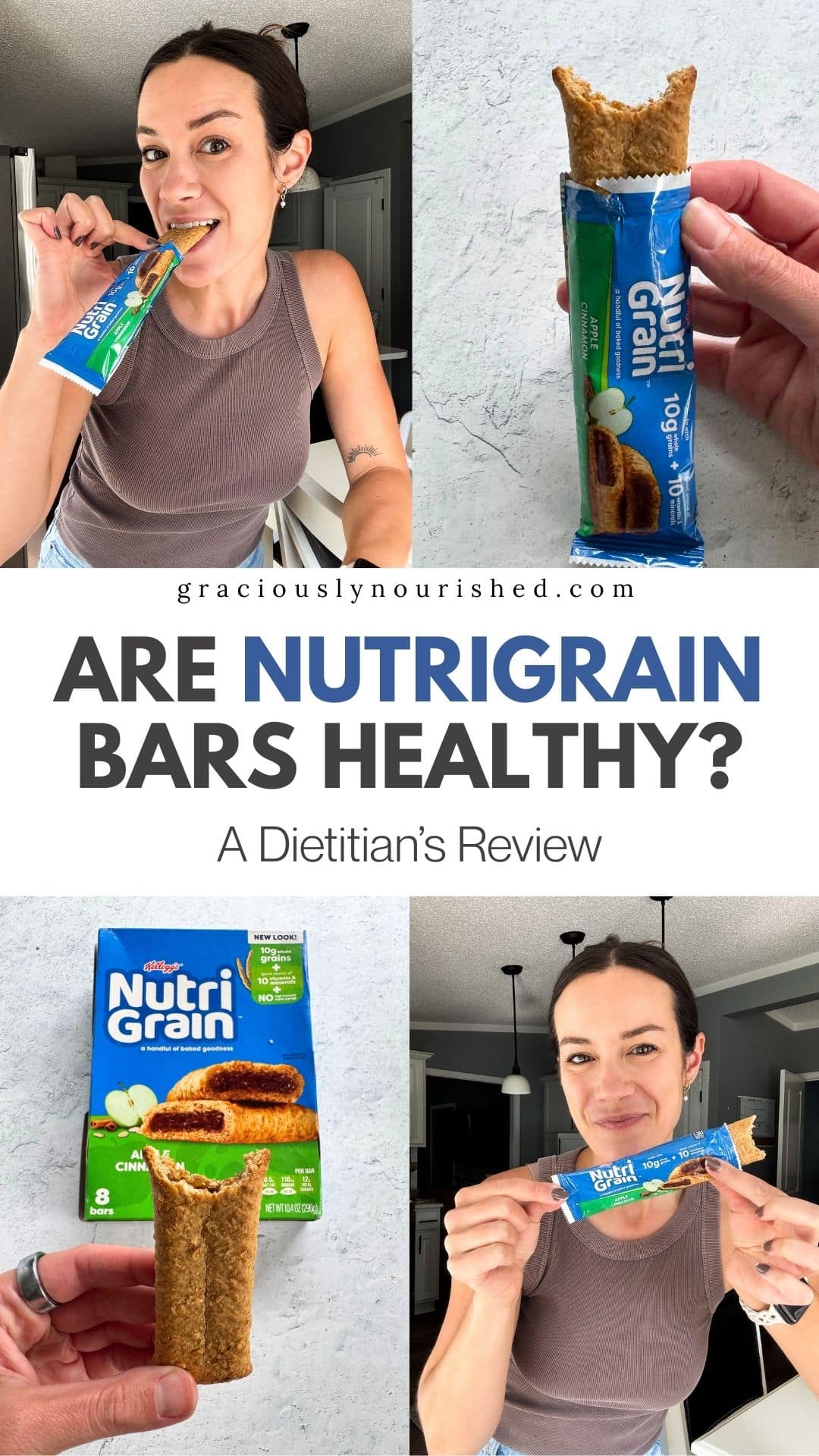 A collage with four photos of Nutrigrain bars and a woman eating one, with the text 'Are Nutrigrain Bars Healthy' in the center.