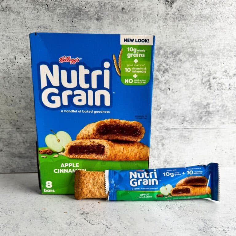 A box of Nutrigrain bars with one bar placed on a table. Are nutrigrain bars healthy