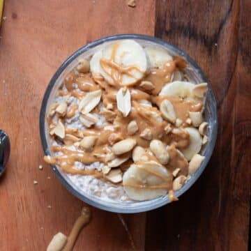 Banana peanut butter overnight oats in a bowl.