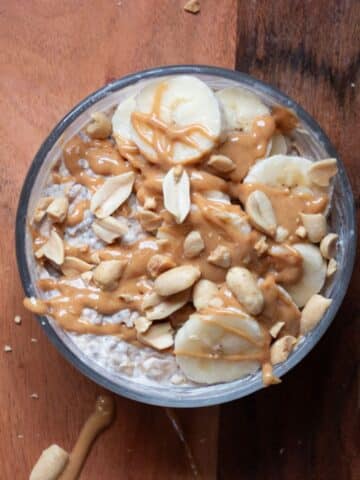 Banana peanut butter overnight oats in a bowl.